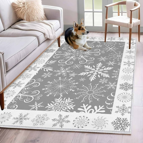 Winter Snowflakes Washable Area Rugs 2.7'x5', Christmas Abstract Art Gray Background Low Pile Throw Living Room Rug Non-Slip Sturdy Edge Binding Carpet for Indoor Entryway Bedside Kitchen