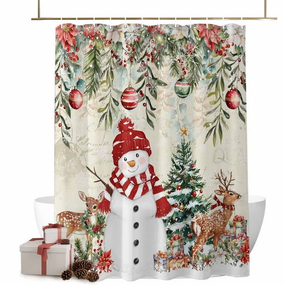 Winter Snowman Bathroom Shower Curtain Christmas Tree Leaves Elk Flower Beige Letter Waterproof Washable Shower Curtains for Bathtub Bath Decor with Grommets and Hook 54 X 78 Inch