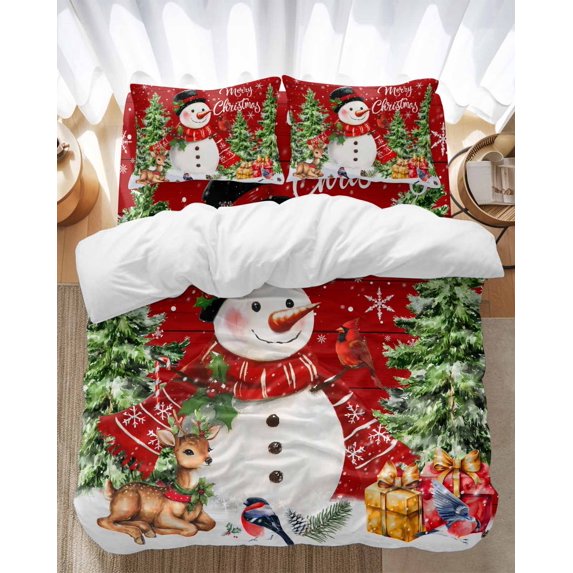 Winter Snowman Bedding Duvet Cover Set Full Size 4 Pieces Merry Christmas Xmas Tree Elk Red Wood Grain Bedding Set with Zipper Closure, 1 Comforter Cover 86x86 Inches 1 Flat Sheet & 2 Pillow Cases