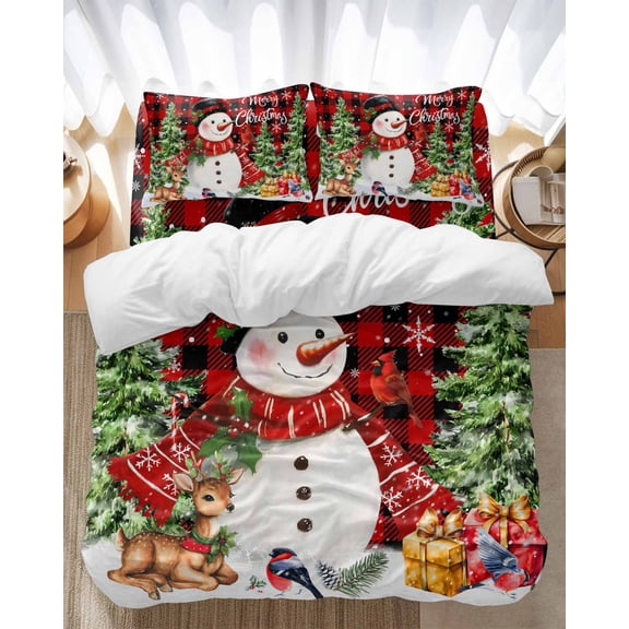 Winter Snowman Bedding Duvet Cover Set Queen Size 4 Pieces Merry Christmas Xmas Tree Elk Red Plaid Bedding Set with Zipper Closure, 1 Comforter Cover 90x92 Inches 1 Flat Sheet & 2 Pillow Cases