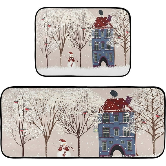 Winter Snowman Bird Tree Snow Kitchen Rug and Mat Set of 2 Anti Fatigue Non Slip Washable Runner Rugs Floor Mats for Christmas X-mas Holiday Kitchen Laundry Room Home Decor