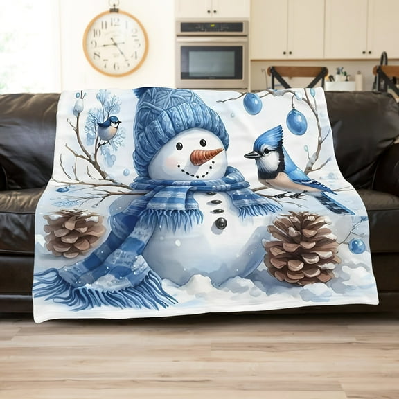 Winter Snowman And Bluebirds Cute Fun Print Flannel Blanket Soft Warm Cozy Skin-friendly Blanket For Sofa Bed Car Camping Office Home Decor Gift Blanket For All Seasons-Knit Fabric
