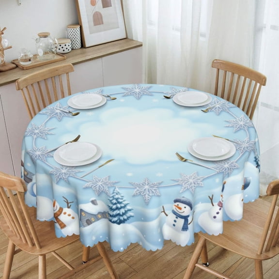 Winter Snowman Cabin Snowflake Round Tablecloth Waterproof Oil Proof Spill Proof Table Cloth 70" for Camping, Dining, Indoor and Outdoor Table Cover