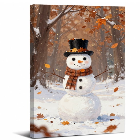 Winter Snowman Canvas Wall Art Framed,Christmas Cute Snowman with Top Hat Landscape canvas print for bathroom bedroom or living room decor,8x12in