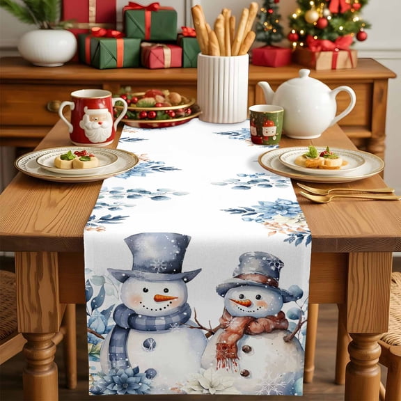 Winter Snowman Christmas Poinsettia Table Runner 13x36in Non-Slip Cotton Linen Table Runners, Ombre Eucalyptus Berry Dresser Scarves TableRunner for Dinner Kitchen Dining Wedding Party