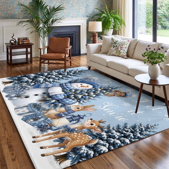 Winter Snowman Christmas Trees Area Rug for Bedroom Living Room Rug 5x7ft, Soft Sponge Cushioned Non-Slip Washable Rugs, Light Blue Background Rectangle Rugs for Dining Room Office Nursery Home