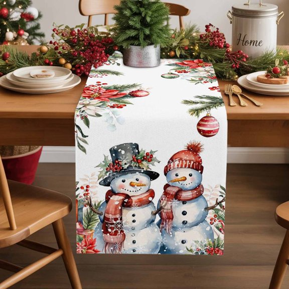 Winter Snowman Cotton Linen Table Runner Christmas Gift Leaves Flower Snow Ball Dining Table Runners for Home Decor Party Dining Room Restaurant Kitchen Party 13" x 36"