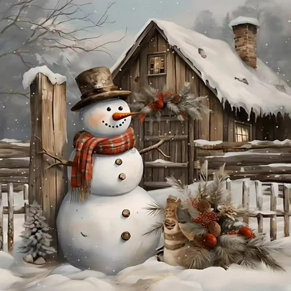Winter Snowman Diamond Art Kits for Adults,Christmas Snow House 5D Diamond Painting,DIY Diamond Painting Kit Crafts Arts Kit for Adults,Home Wall Decoration 16x16inch