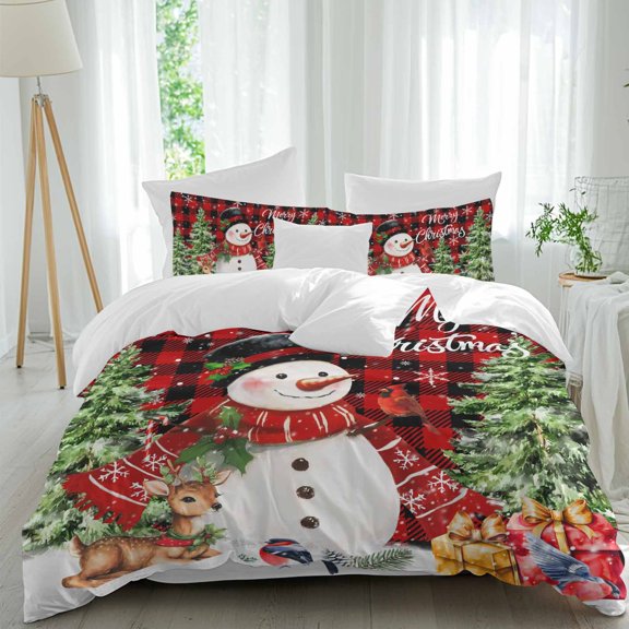 Winter Snowman Duvet Cover Set Twin Size, Merry Christmas Xmas Tree Elk Red Plaid 4 Piece Soft Microfiber Bedding Set with 1 Duvet Cover, 1 Flat Sheet, 2 Pillowcases