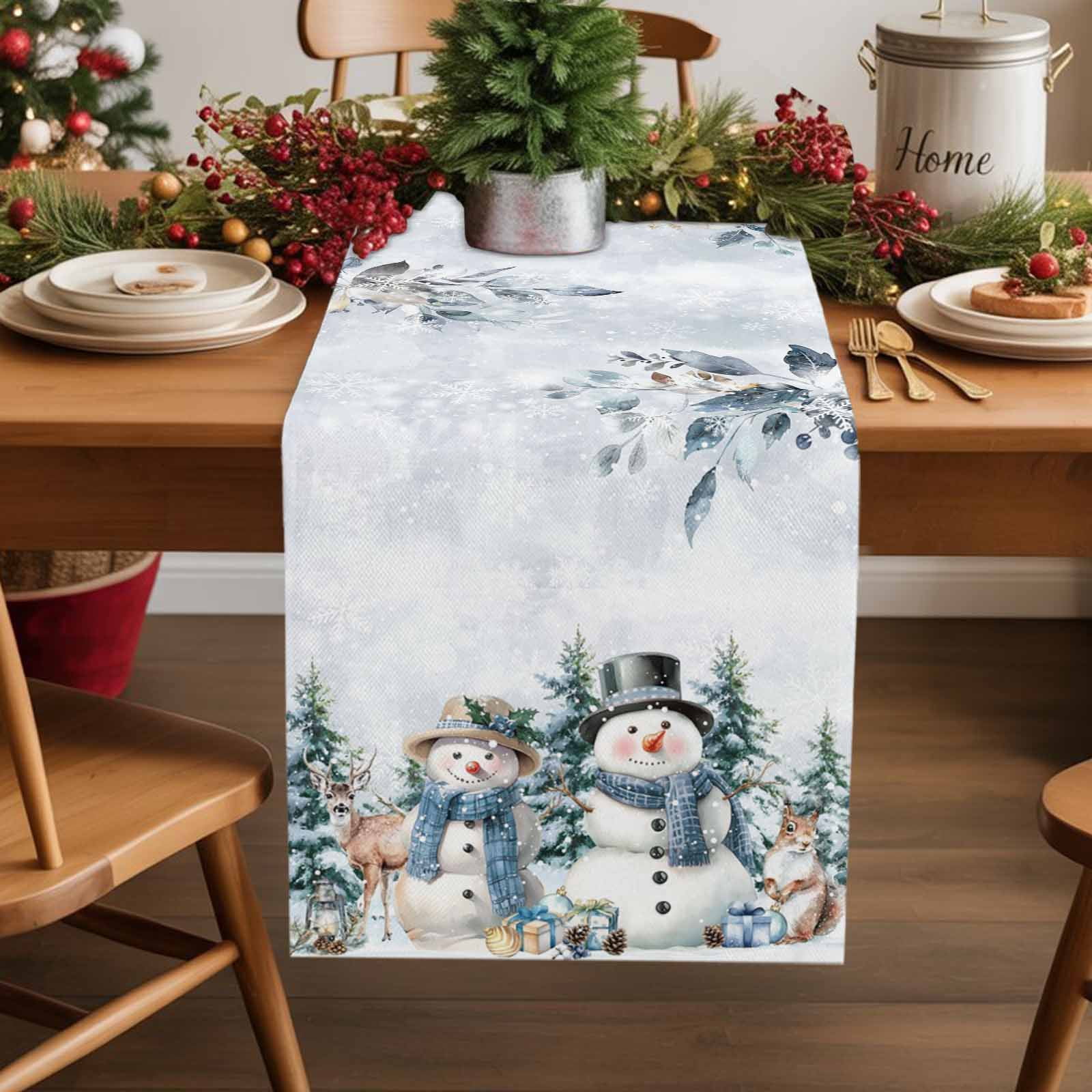 Winter Snowman Elk Squirrel Cotton Linen Table Runner Christmas Tree Floral Leaves Dining Table Runners for Home Decor Party Dining Room Restaurant Kitchen Party 13" x 90"
