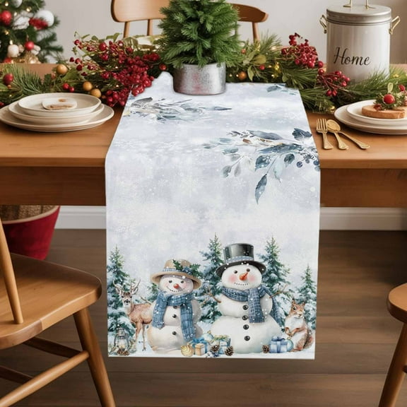 Winter Snowman Elk Squirrel Cotton Linen Table Runner Christmas Tree Floral Leaves Dining Table Runners for Home Decor Party Dining Room Restaurant Kitchen Party 13" x 90"
