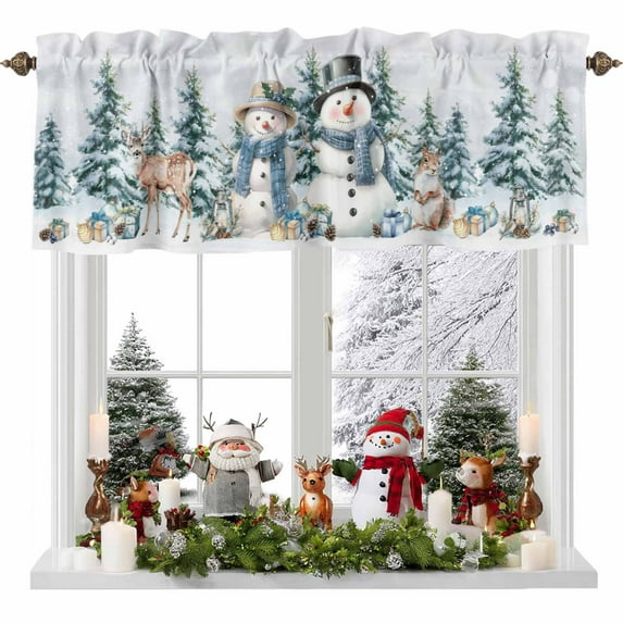 Winter Snowman Elk Squirrel Valances for Windows, 54 x 18in, Christmas Tree Floral Leaves Rod Pocket Kitchen Valance Curtain Light Filtering Window Treatments for Living Room Bedroom, 1 Panel