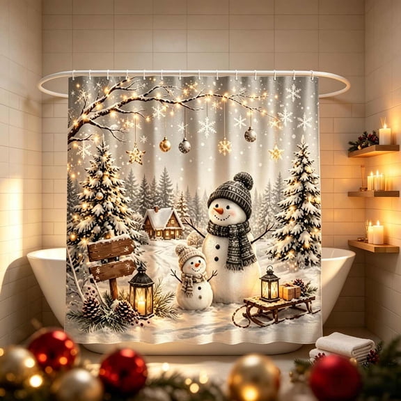 Winter Snowman Family Christmas Polyester Shower Curtain, Waterproof Holiday Bathroom Partition Curtain, Pre-attached Hooks No Drill Mount Seasonal Bath Decor (Multicolor)