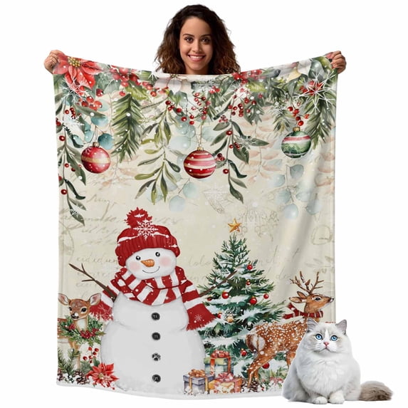 Winter Snowman Flannel Blanket for Bed,Travel and Camping, Christmas Tree Leaves Elk Flower Beige Letter Super Soft Cozy Blanket for All Seasons 32"x48"
