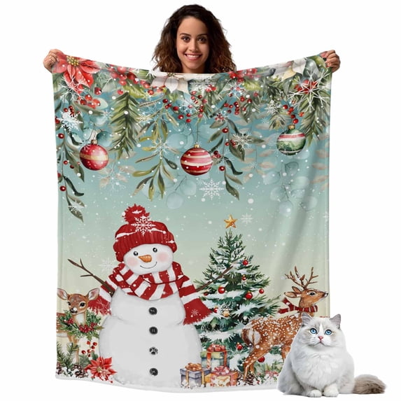 Winter Snowman Flannel Blanket for Bed,Travel and Camping, Christmas Tree Leaves Elk Flower Gradient Bronze Super Soft Cozy Blanket for All Seasons 40"x50"