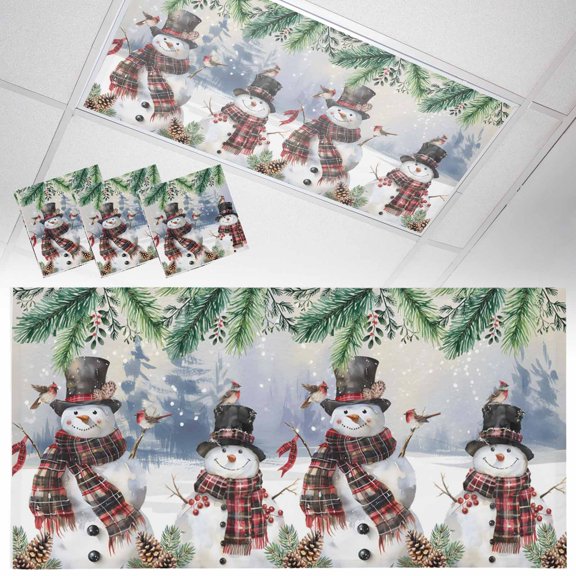 Winter Snowman Fluorescent Light Covers Christmas Scarf Green Pine Tree Bird Magnetic Light Filters Ceiling Lighting Panel Shade for Classroom Office Home 2 x 4 ft, 3 Pack
