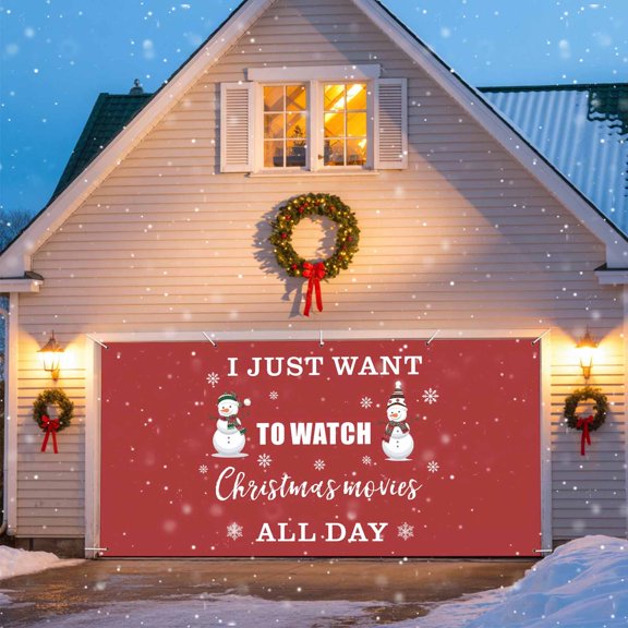 Winter Snowman Garage Door Banner Covers, I Just Want to Watch Christmas Movies Red Large Hanging Indoor/Outdoor Backdrop Background for Christmas Winter Party Decor, 6.9x8 FT