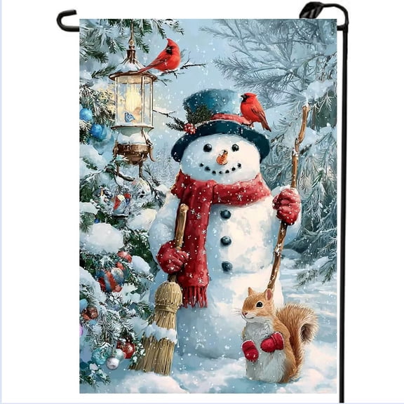 Winter Snowman Garden Flag 12x18 Double Sided, Small Burlap Seasonal Snow Squirrel Garden Flag Winter Christmas Outdoor Yard Decorations Porch Lawn Flags for Outside