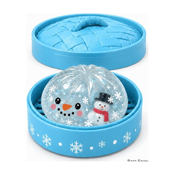 Winter Snowman Giant Glitter Jelly Dumpling Squishy with Blue Steamer Case - Soft Stress Relief Fidget Toy, Festive Collectible Desk Decor, Ideal Kids Christmas Stocking Stuffer Holiday Gift