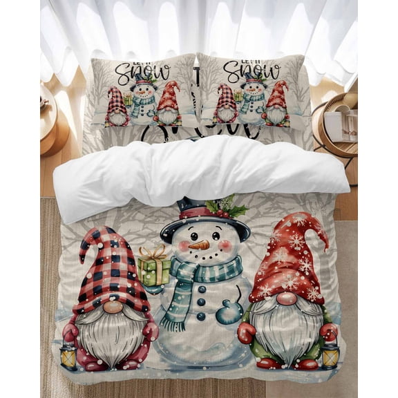 Winter Snowman Gnome Bedding Duvet Cover Set Full Size 4 Pieces Vintage Snowflake Christmas Snow Bedding Set with Zipper Closure, 1 Comforter Cover 86x86 Inches 1 Flat Sheet & 2 Pillow Cases