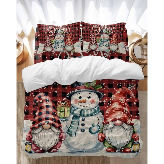 Winter Snowman Gnome Bedding Duvet Cover Set Queen Size 4 Pieces Christmas Snow Red Black Plaid Bedding Set with Zipper Closure, 1 Comforter Cover 90x92 Inches 1 Flat Sheet & 2 Pillow Cases