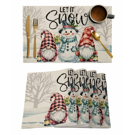 Winter Snowman Gnome Placemats Set of 6 Vintage Snowflake Christmas Snow Heat Insulation Washable Place Mats, Rustic Non-Slip Table Mats for Dining Table Party Kitchen Decor,13x19 Inch