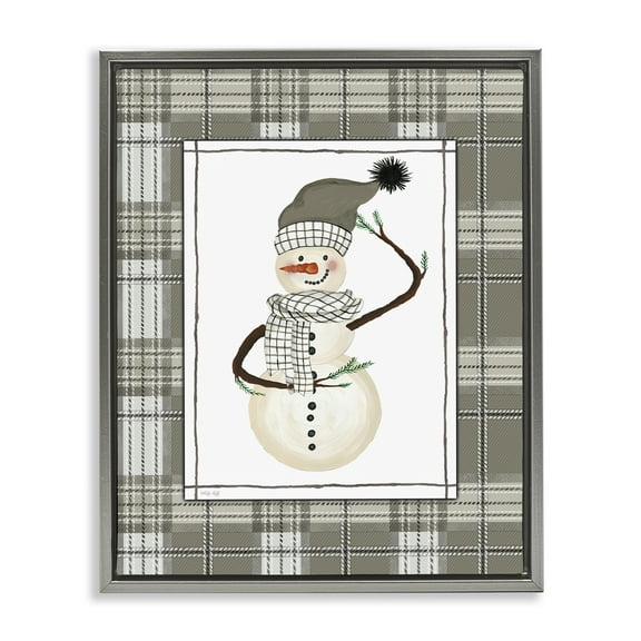 Stupell Industries Winter Snowman Green Plaid Gray Framed Floater Canvas Wall Art, design by Cindy Jacobs, 31 x 25