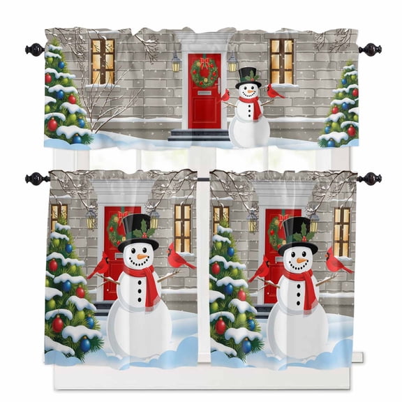 Winter Snowman with Hat Kitchen Curtains and Valances Set, Red Bird Christmas Tree House Snow Rod Pocket Window Valance Window Curtain Panels for Living Room Bedroom Laundry, 27.5x24in, 3 Pieces