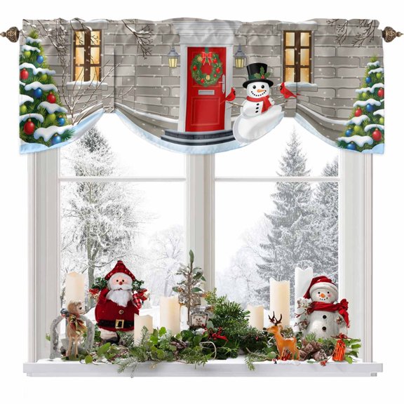 Winter Snowman with Hat Tie Up Valances Curtain, Red Bird Christmas Tree House Snow Adjustable Rod Pocket Short Window Treatment Tie Up Curtains Valances for Kitchen Living Room Bathroom 54x18 Inches