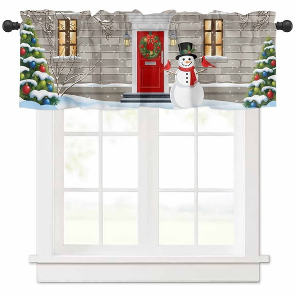 Winter Snowman with Hat Valances for Windows, Red Bird Christmas Tree House Snow Light Filtering Window Treatment Valances, Rod Pocket Small Curtains for Kitchen/Bathroom, 42"x12"