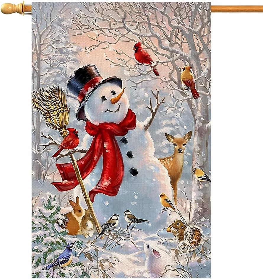 Winter Snowman House Flag 28 x 40 Vertical Double Sided Christmas Deer Cardinal Bird Holiday Outside Decorations Burlap Yard Flag BW727-40