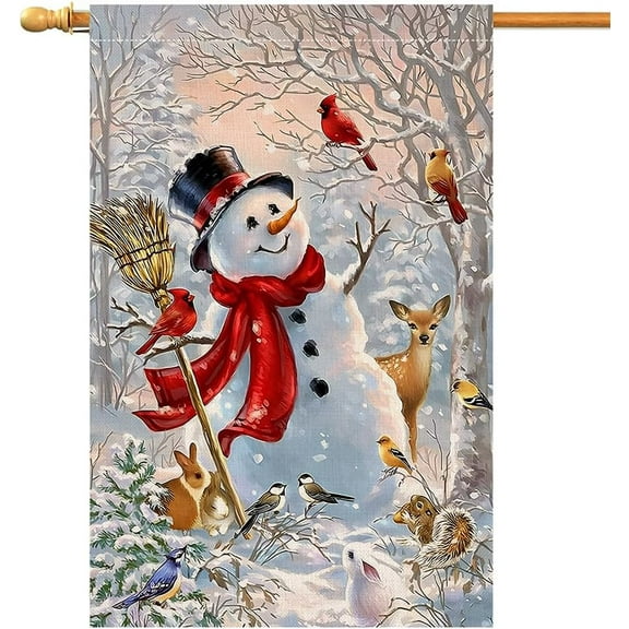 Winter Snowman House Flag 28 x 40 Vertical Double Sided Christmas Deer Cardinal Bird Holiday Outside Decorations Burlap Yard Flag BW727-40