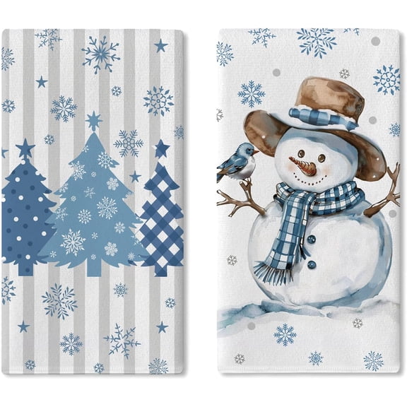 Winter Snowman Kitchen Dish Towels Set of 2, Blue Christmas Tree Snowflake Bird Drying Hand Towel Baking Cooking Cloth, Farmhouse Polka Dots Stripes Plaid Bathroom Home Decoration 18'''' x 26''''