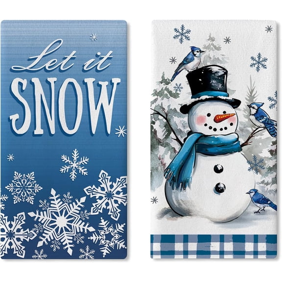 Winter Snowman Kitchen Dish Towels Set of 2, Let It Snow Snowflake Drying Hand Towel Baking Cooking Cloth, Christmas Blue Jay Plaid Bathroom Home Decoration 18'' x 26''