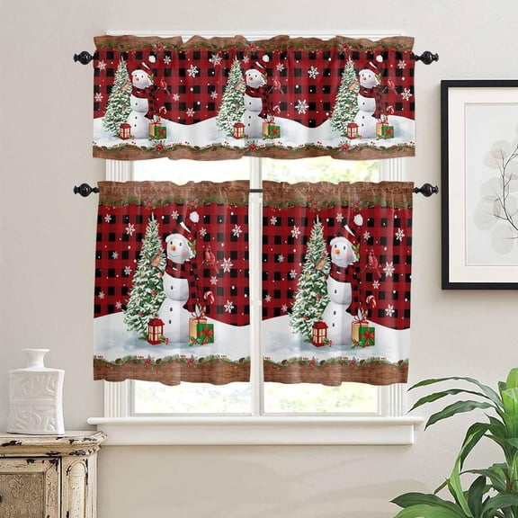 Winter Snowman Kitchen Window Valance and Tier Set Snowy Christmas Tree 3 Piece Rod Pocket Valances Short Curtain, Snowflake on Black Red Check Windows Treatment Curtains for Bedroom/Cafe/Bathroom