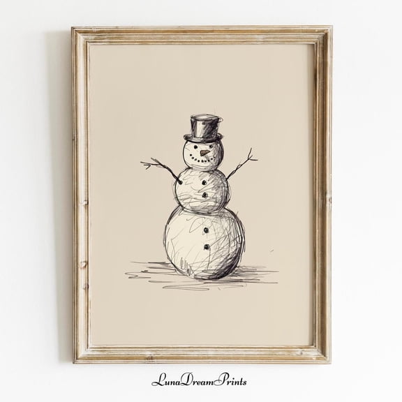 Winter Snowman Minimalist Seasonal Line Drawing Wall Art Print UNFRAMED PAPER POSTER