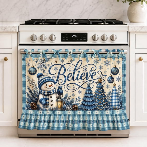 Winter Snowman Oven Skirt Curtain for Farmhouse Kitchen Decor Blue Christmas Farmhouse Farmhouse Tie Top Oven Curtain for Door Decorative Stove Cover Dishwasher Cover for Cottage Kitchen Decor