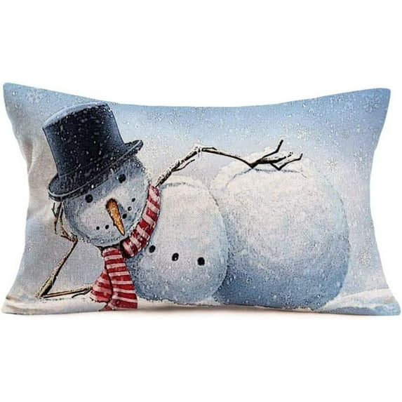 Winter Snowman Pillow Covers 12x20 Inches Rectangular Lumbar Waist Cotton Linen Cute Snowman Lying On The Snow Christmas Decorative Throw Pillow Covers Cushion Case for Sofa Chair (VD-12)