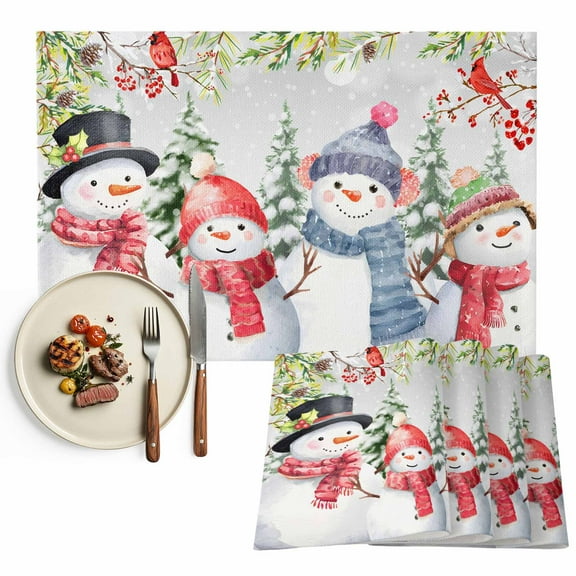 Winter Snowman Placemats Set of 12, Christmas Red Cardinal Snowy Forest Table Mats Washable Heat-Insulation Non-Slip Place Mats for Kitchen Dinner Table Indoor Outdoor Decor,13x19 Inch