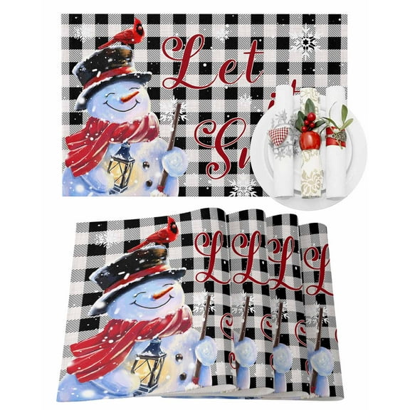 Winter Snowman Placemats Set of 4 Christmas Cardinal Bird Heat Insulation Washable Place Mats, Rustic Non-Slip Table Mats for Dining Table Party Kitchen Decor,13x19 Inch