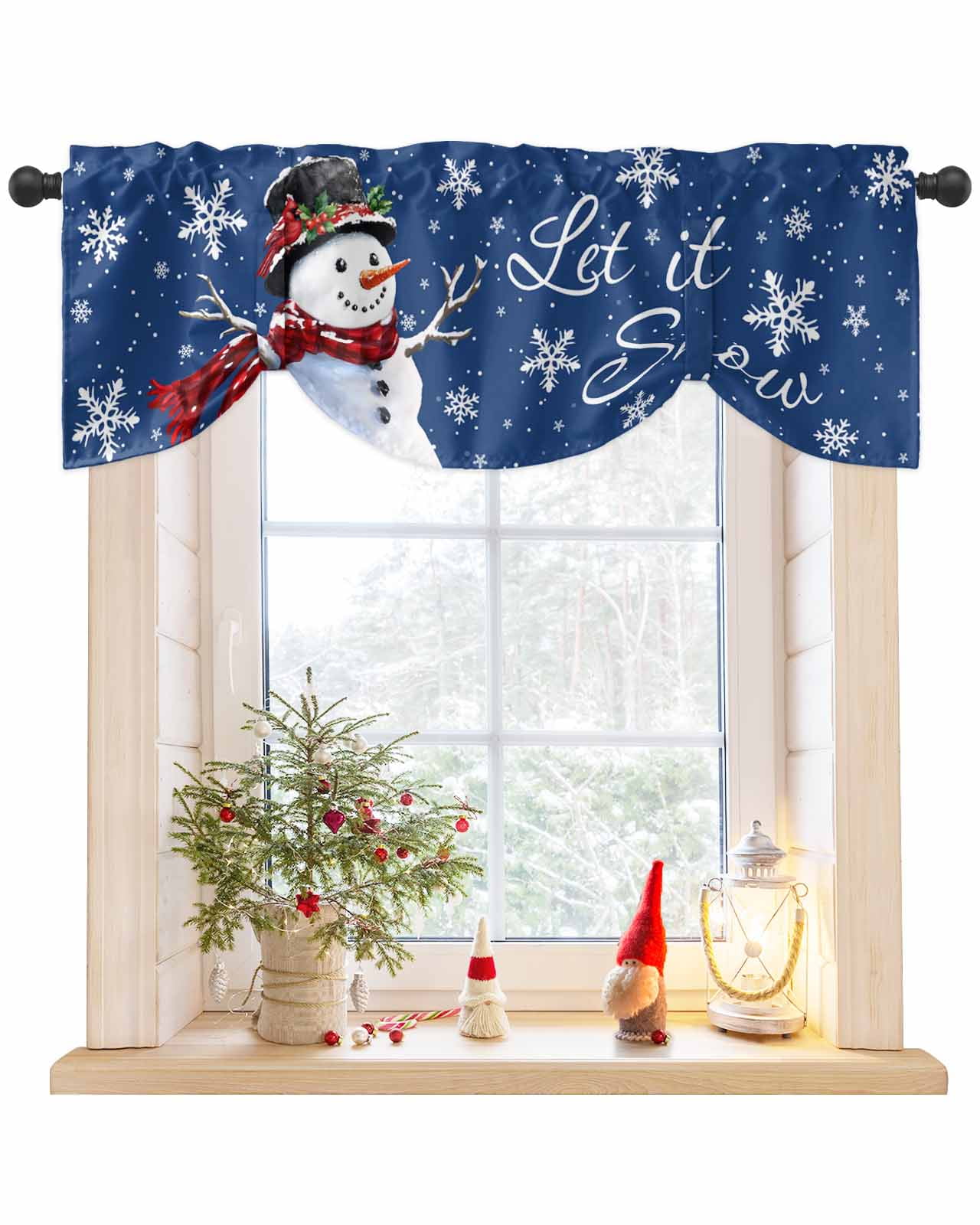 Winter Snowman Red Gingham Scarf Tie Up Valance Curtain for Kitchen, Xmas Bird Berry Leaf Snow