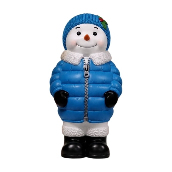 Winter Snowman Resin Figurine Christmas Statue with Blue Padded Coat and Knit Hat for Holiday Shelf Decor