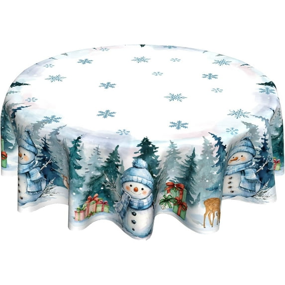 Winter Snowman Round Tablecloth 60 inch Deer Snowflake Circle Table Cloth Green Tree Tablecloths for Circular Tables for Home Kitchen Picnic Dining Indoor Outdoor
