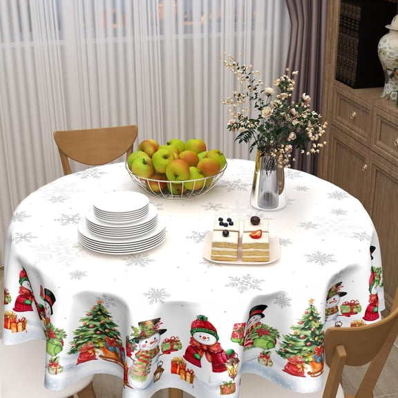 Winter Snowman Round Tablecloth White Tablecloth 60 Inch Christmas Snowflake Pattern Circle Table Cloth Xmas Holiday Table Cover Indoor Decor for Home Kitchen Dinning Party