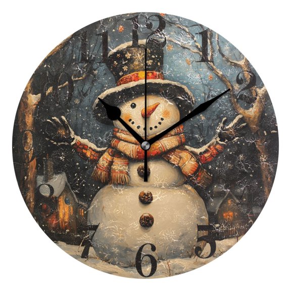 Winter Snowman Round Wall Clock Battery Operated Silent Non-Ticking Bedroom Office Kitchen Home School Decor 10"(Black)