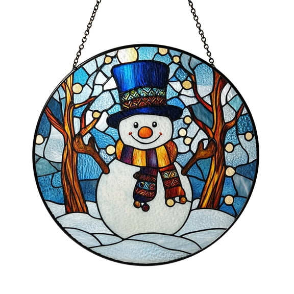 Winter Snowman Scene Stained Glass Style Suncatcher, Seasonal Decorative Window Hanging Art Panel