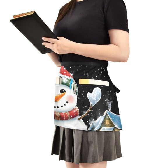 Winter Snowman Server Apron with 3 Pockets Waist Apron for Waiter Waitress