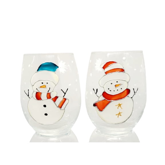 Winter Snowman Set of 2 Hand Painted Stemless Wine Glasses