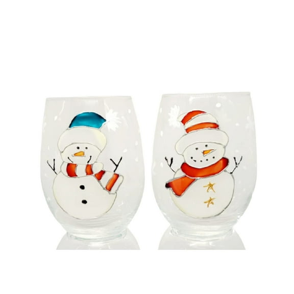 Winter Snowman Set of 2 Hand Painted Stemless Wine Glasses