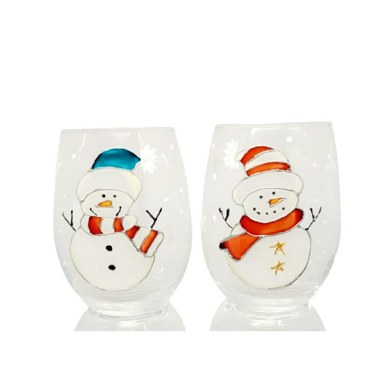 Winter Snowman Set of 2 Hand Painted Stemless Wine Glasses Walmart